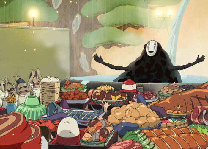 No-Face in the bathhouse of Spirited Away, raising his arms and welcoming a feast.
